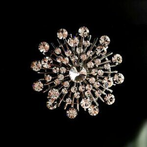 Vintage starburst burst brooch pin crystal silver tone